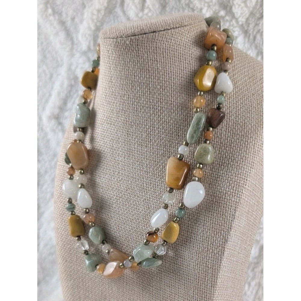 Long Multicolor Natural Stone Beaded Necklace Green Orange White Boho Statement